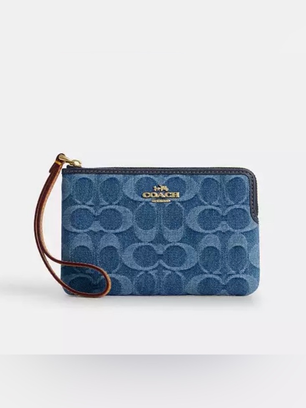 Coach Corner Zip Wristlet In Signature Denim